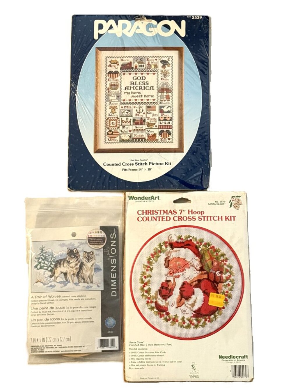 Cross Stitch Kits X 3 Santa Christmas American Patriotic Wolf Paragon Wonderart
